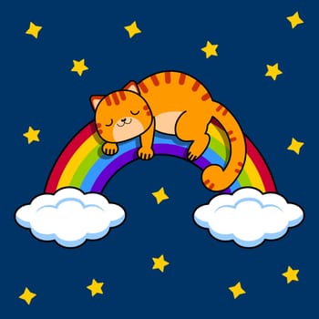 Red cat sleeps on a rainbow. Night sky and stars.Vector illustration