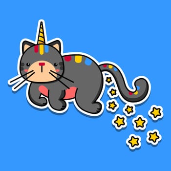 Image of a flying unicorn cat and stars. Vector illustration