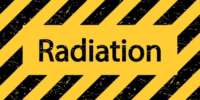 A plate with the inscription Radiation. Warning black and yellow sign. Vector illustration.