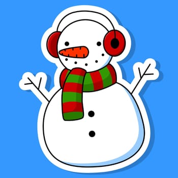 Flat cartoon sticker of a snowman in a striped red-green scarf and red headphones. Vector illustration