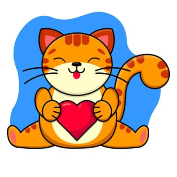 A ginger smiling cat holds a red heart in its paws. Childrens print. Vector illustration.