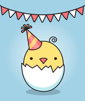 Birthday card. Yellow chicken in a shell. Children's print. Vector illustration.