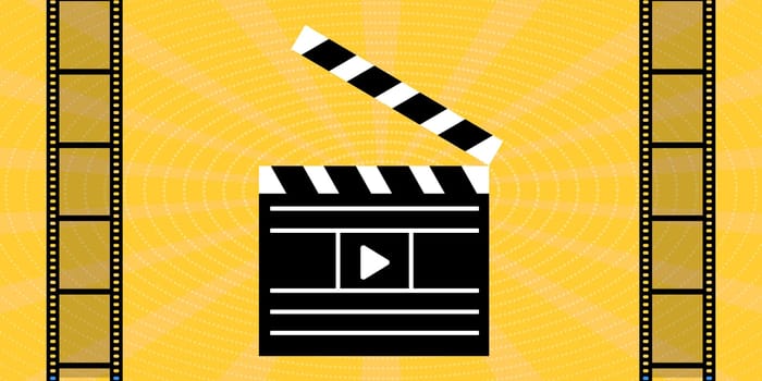 Image of Clapperboard with start button. Cinema screen and film strip. Cinema poster. Vector illustration.