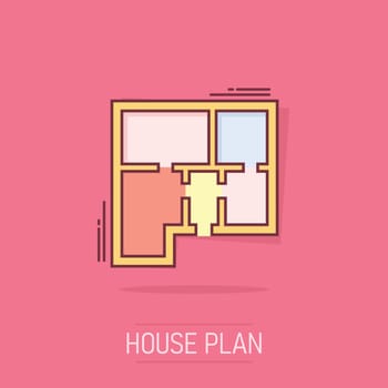 Vector cartoon house plan icon in comic style. Architect scheme sign illustration pictogram. House scheme business splash effect concept.