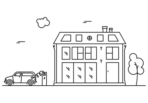 Neighborhood line art concept. One house with electric car charging.