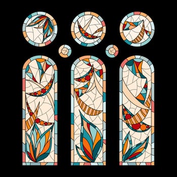 Stained glass windows in a Church on black background. Set of different pictures drawing in one style.