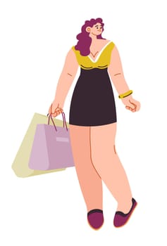 Female character walking with bags, isolated woman returning from shopping in mall. Lady with packages of clothes of products and goods for home. Hobby and pastime of girl. Vector in flat style