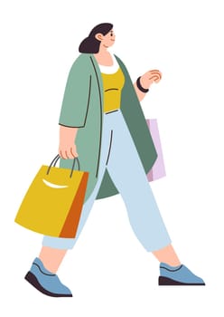 Female character walking with packets from shop or store. Isolated woman personage returning from mall, shopping hobby or pastime of girl. Buying presents and stuff for home. Vector in flat style