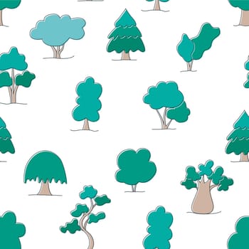 Various trees seamless pattern. Forest background. Summer nature print with trees and bushes, vector illustration cartoon style
