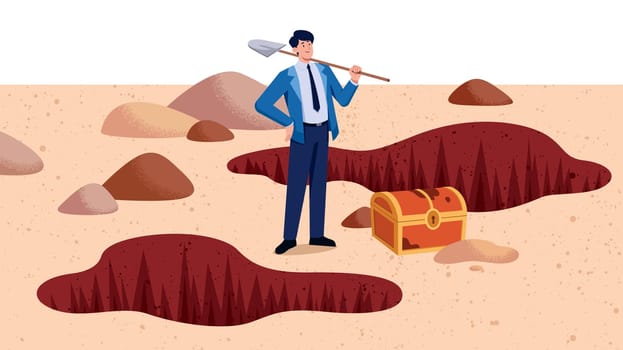 Flat design illustration of businessman who just dug out a buried treasure. 