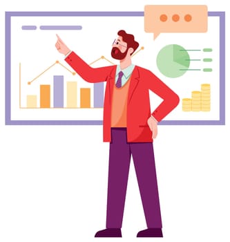 Flat design illustration of man in business suit presenting economy statistics on whiteboard or big screen.  