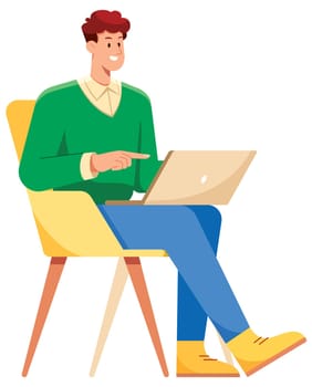 Flat design illustration of man in casual clothes working on laptop in chair and isolated on white background.