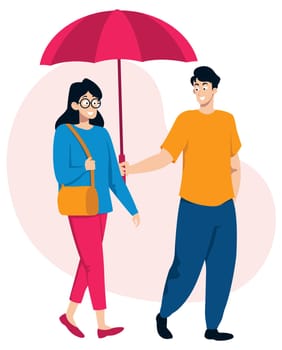 Flat design illustration with gentleman holding umbrella for his lady. 