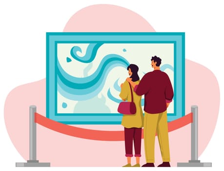 Flat design illustration with couple looking at abstract art painting in gallery or art museum. 