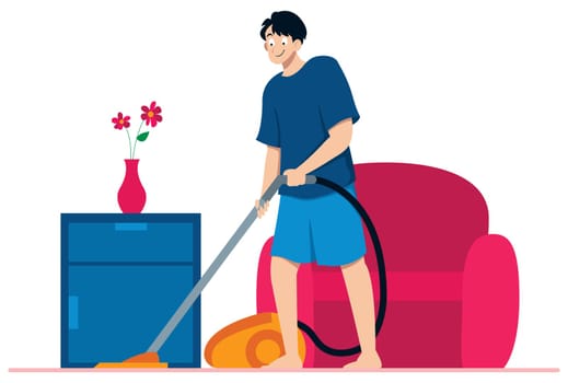 Flat design illustration with young man cleaning with vacuum cleaner.
