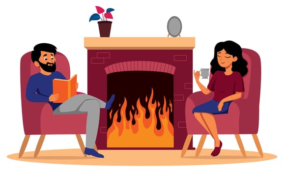 Cartoon illustration with man and woman resting next to their fireplace.