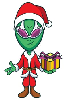 Vector cartoon illustration of green alien dressed like Santa Claus.