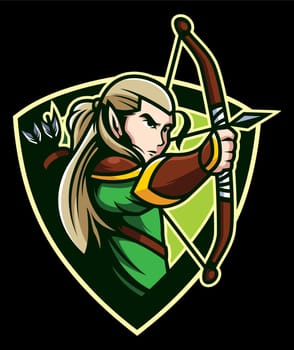 Cartoon mascot or logo with fantasy forest elven archer.