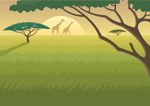 Landscape of African savannah at dusk or dawn. A4 proportions. You can extend the last grass layer downwards and use it to fit as much text as you like. 