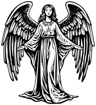 Woodcut style illustration of beautiful angel greeting you with open arms on white background. 