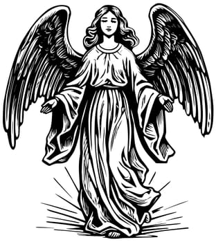 Woodcut style illustration of beautiful angel greeting you with open arms on white background. 