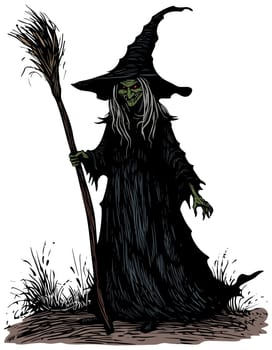 Illustration of creepy old witch isolated on white background.
