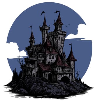 Illustration of creepy dark castle at night, isolated on white background.