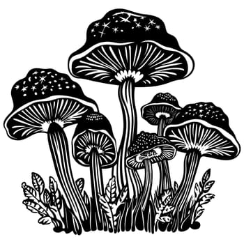 Linocut style illustration of black and white mushrooms.