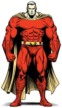 Comic book style illustration of powerful superhero standing tall.