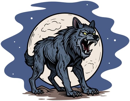 Illustration of fierce grey wolf at night, ready to attack.