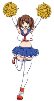 Anime style illustration of cute cheerleader on white background.