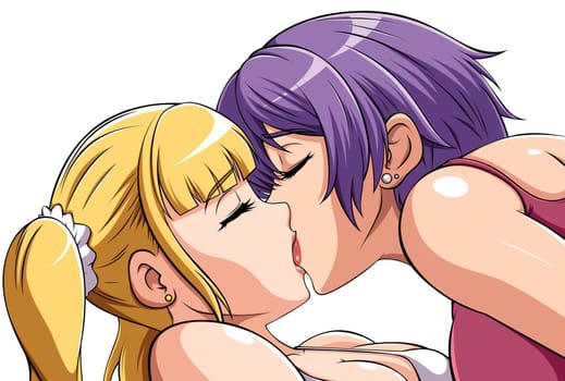 Anime style illustration with two girls kissing on white background.