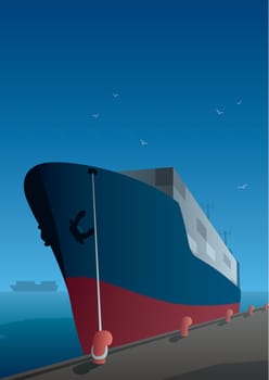 Illustration of cargo ship on dock. 