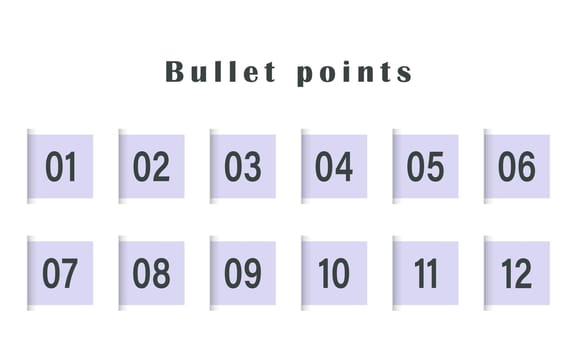 Bullet points grey, numbers from 01 to 12. Infographics. Vector design.