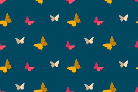 Butterfly seamless pattern. Yellow, pink and white butterflies on the dark blue background. Graphic design.