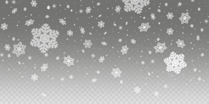 Snowflakes falling down, big and small, focused and defocused. Transparent gradient background. Graphic design.