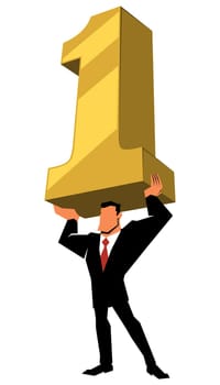 Concept flat style illustration with businessman holding big number one as a symbol for winning and success.