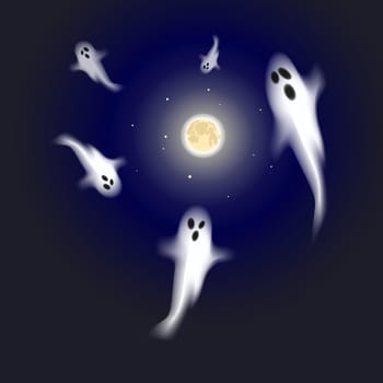 Helloween ghosts flying under the full Moon in the night. Vector illustration. Graphic design.