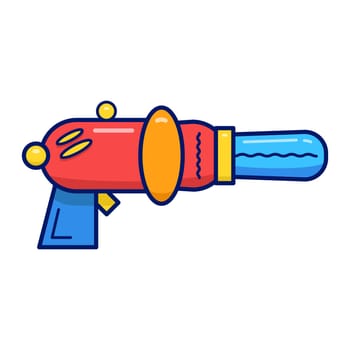 Flat vector illustration with cartoon blaster. Blue and yellow laser weapon or ray gun on isolated white background.