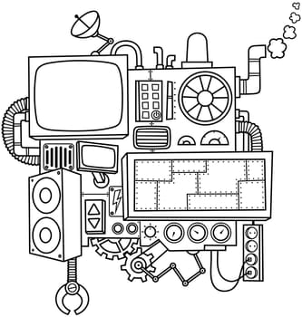 Fictional cartoon machine in black and white for coloring.