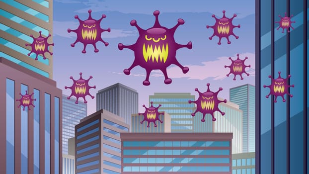 Cartoon illustration with flu viruses floating in the air and spreading around the city. 