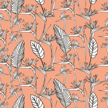 Bird of paradise flower, line art tropical strelitzia floral seamless pattern black and white and orange color. Vector background for prints, fabric, wallpapers, wrapping paper, poster, card