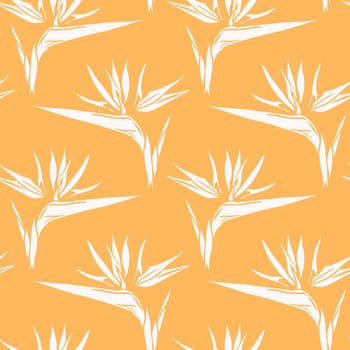Bird of paradise flower head, line art tropical strelitzia floral seamless pattern black and white and orange color. Vector background for prints, fabric, wallpapers, wrapping paper, poster, card