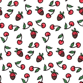 Cherry and strawberry fruit seamless pattern. Summer berries, fruits with leaves, vector background. Hand drawn doodle illustration for cover, fabric, wallpaper texture, backdrop, wedding invitation