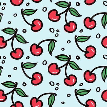 Cherry and strawberry fruit seamless pattern. Summer berries, fruits with leaves, vector background. Hand drawn doodle illustration for cover, fabric, wallpaper texture, backdrop, wedding invitation