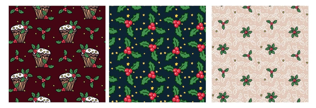 Seamless pattern set with Christmas botanical greenery plants. Endless texture for gift wrap, wallpaper, web banner, wrapping paper and fabric. Vector holiday background.