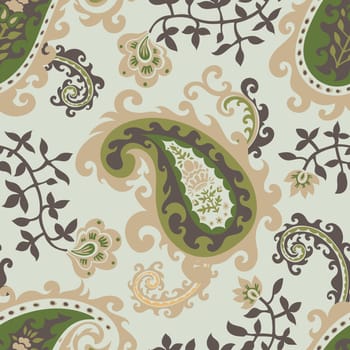 Motif with Indian paisley ornament for home decoration and textile, floral decoupage. India fabric for traditional clothes. Seamless pattern print, wallpaper background. Vector in flat style
