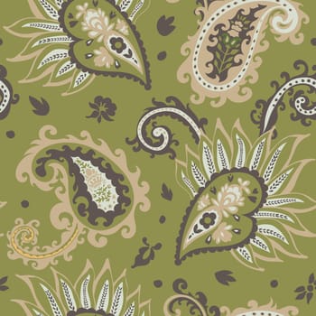 Paisley vintage decoration with blooming flowers, leaves and branches swirls. Blossom and flourishing plants design adornment. Seamless pattern print, wallpaper background. Vector in flat style