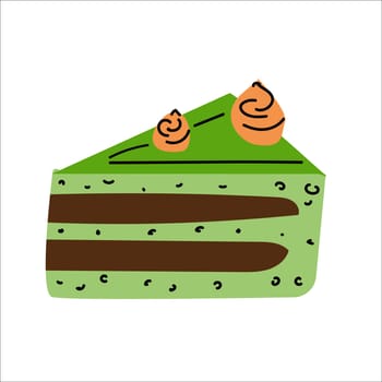 Piece of biscuit matcha cake with layers of chocolate cream, cake with cream flowers. Vector illustration in flat style.