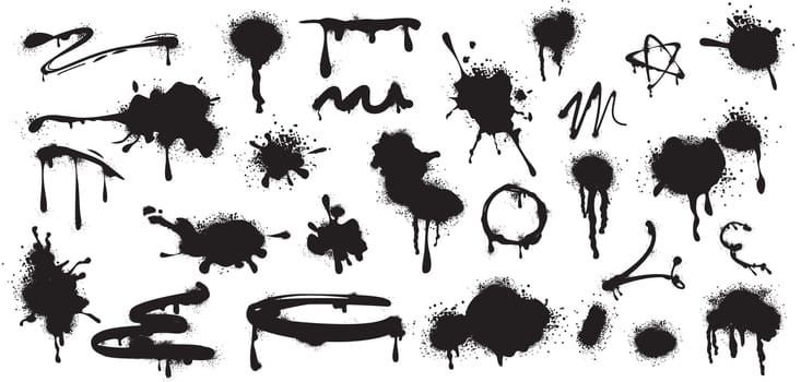 Set of black spray paint drips, lines and ink splatters. Blobs or stripes, inky blots with graffiti grunge texture. Strokes, brush stains with spatter and drops. Vector design elements in street style